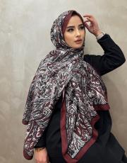 bordo - beyaz doha vual desenli şal