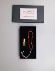 bal rengi  - damla desen 8 mm akik taşı  33 lü tesbih ve esans seti