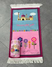 pembe isme özel çocuk  seccade seti büyük boy çiçek ve cami